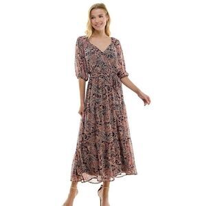 Luxology Maxi Dress Floral 3/4 Sleeve V Neck Medium NWT